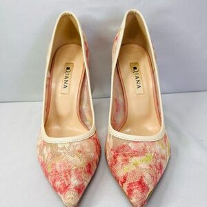 Women's Floral Lace Heels - Cream and Pink